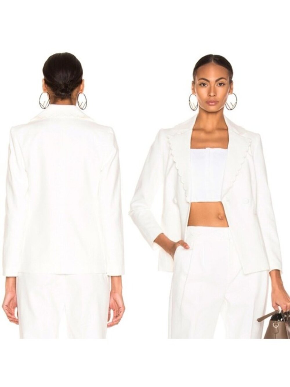 FRAME Scallop Blazer 2 Off White Double Breasted Lined Vneck Embroidered